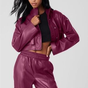 Alo Faux leather power hour jacket- wild berry